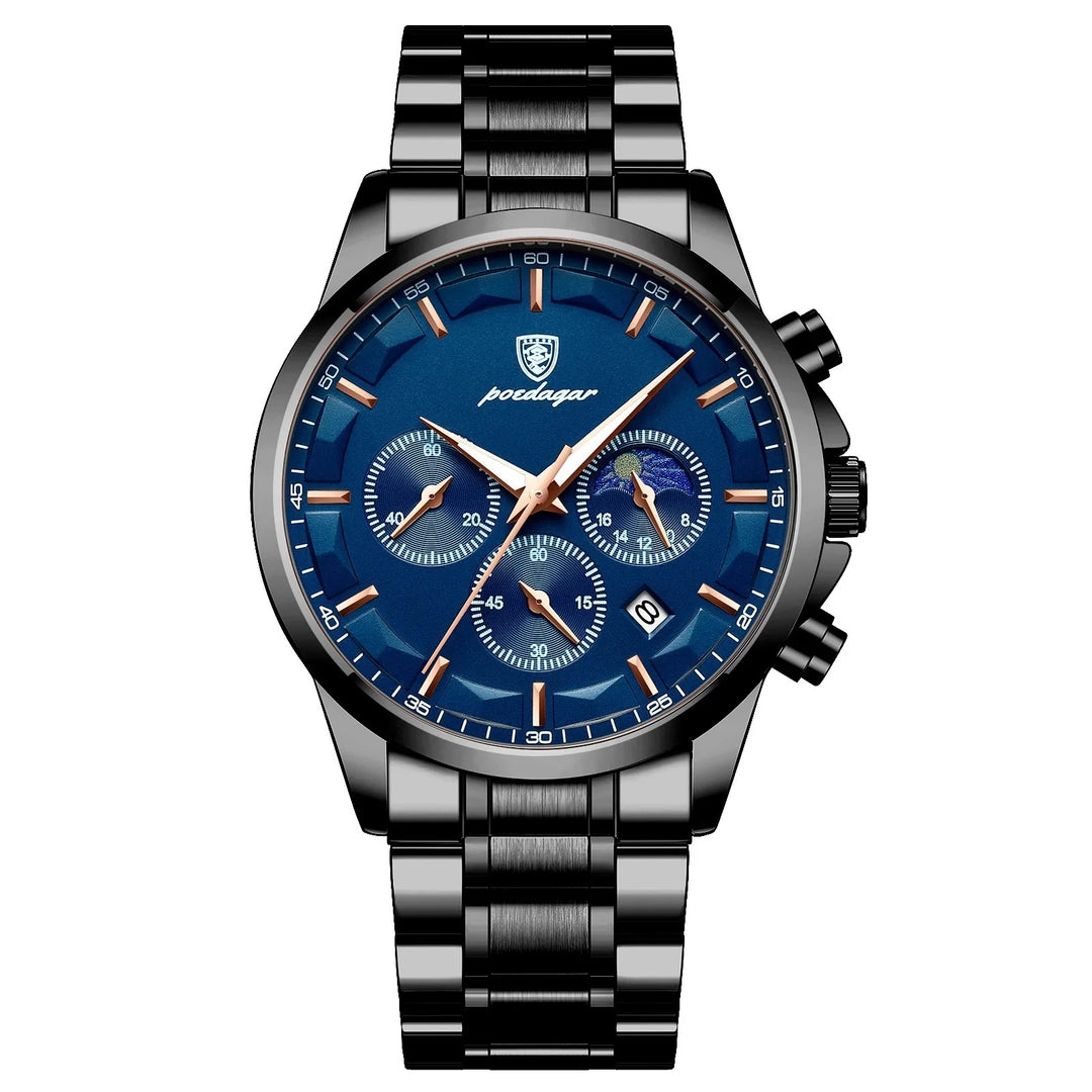 Men's black metal wristwatch with blue dial, rose gold markers, chronograph subdials, and date display