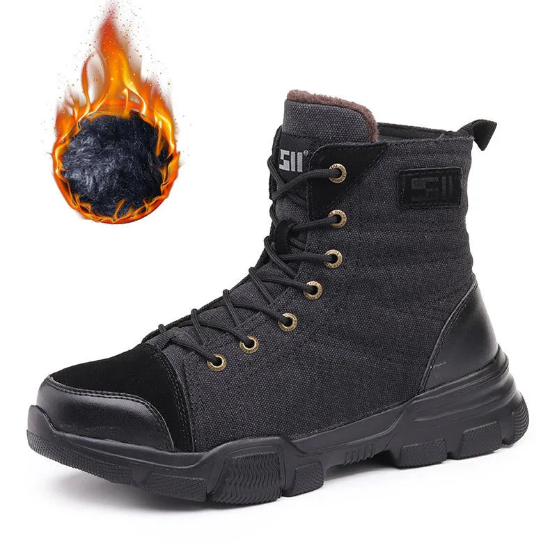 Black high-top winter sneaker boot with lace-up closure and warm fur lining, fire symbol shows insulation