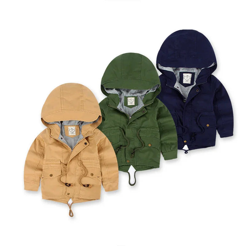 Set of three kids' hooded jackets in beige, green, and navy blue with striped inner lining and front pockets