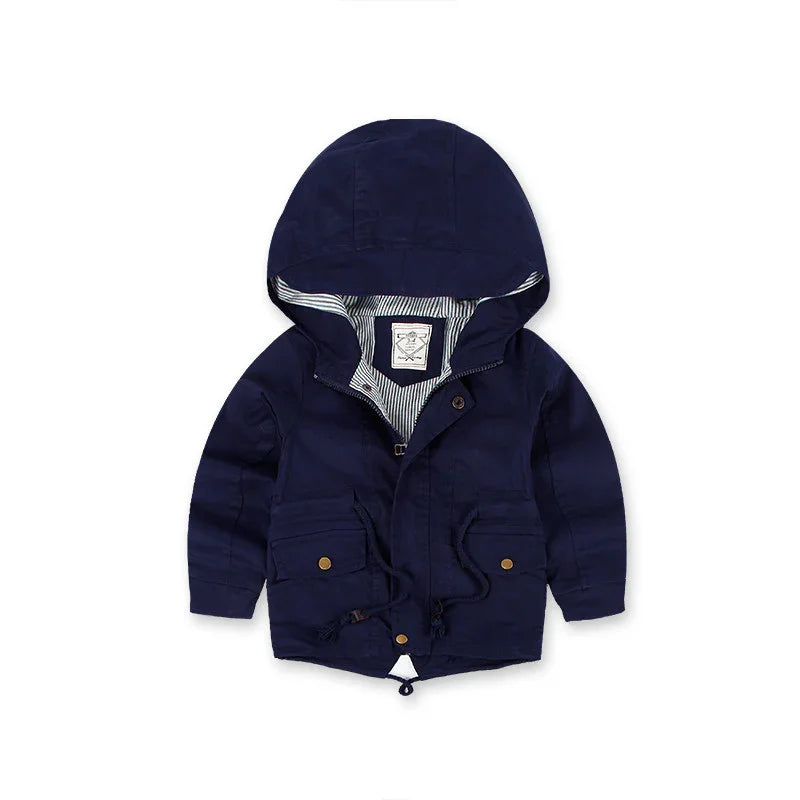 Navy blue toddler hooded jacket with striped lining and front pockets on white background