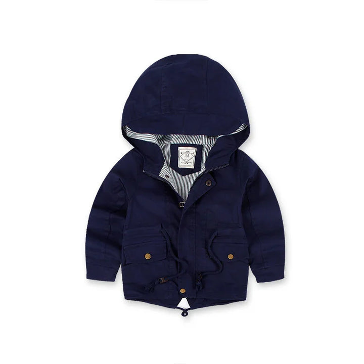 Navy blue toddler hooded jacket with striped lining and front pockets on white background