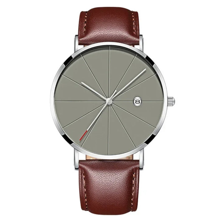 Minimalist wristwatch with gray segmented dial, silver hands, date display, and brown leather strap