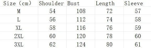 Size chart for men's clothing with measurements in cm for shoulder, bust, length, and sleeve from M to 3XL