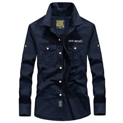 Men's navy blue casual off-road button-up shirt with chest pockets and long sleeves