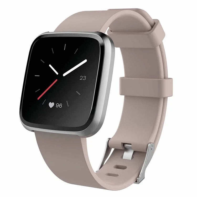 Modern square smartwatch with beige silicone strap and heart rate display on black screen