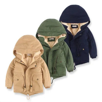 Three kids hooded winter jackets with fleece lining in beige, green, and navy blue colors