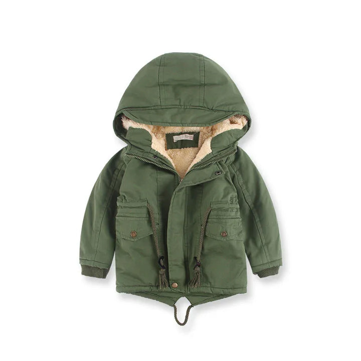 Green hooded kids winter jacket with warm beige fleece lining and front button pockets