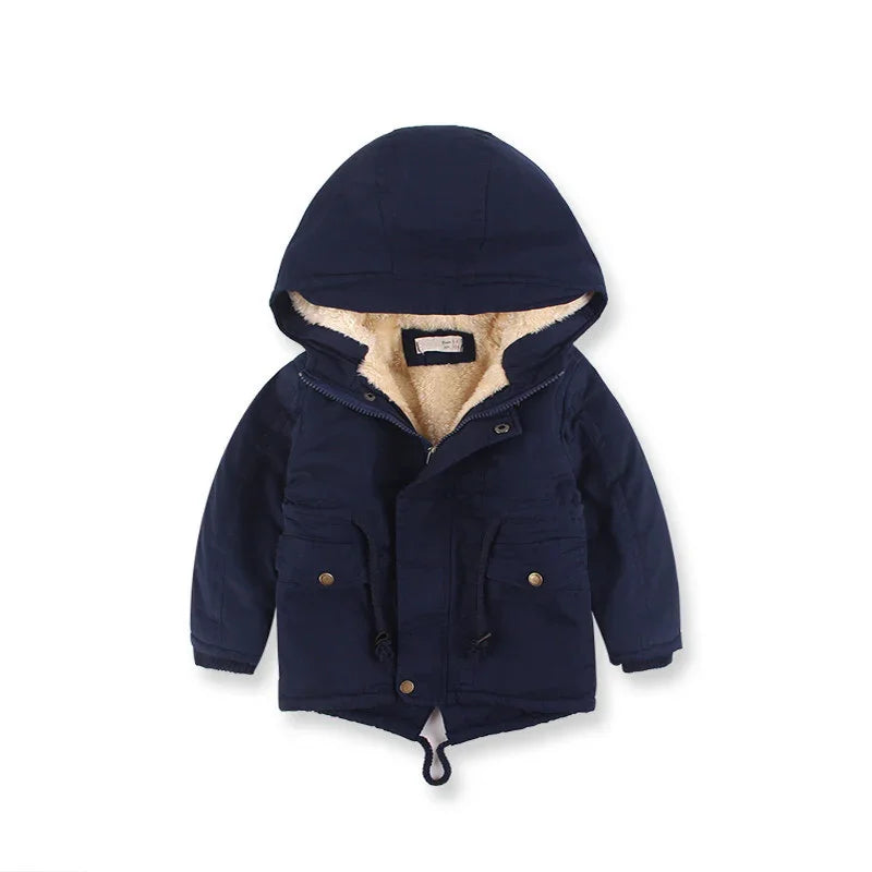Navy blue kids hooded winter jacket with beige fleece lining and front pockets