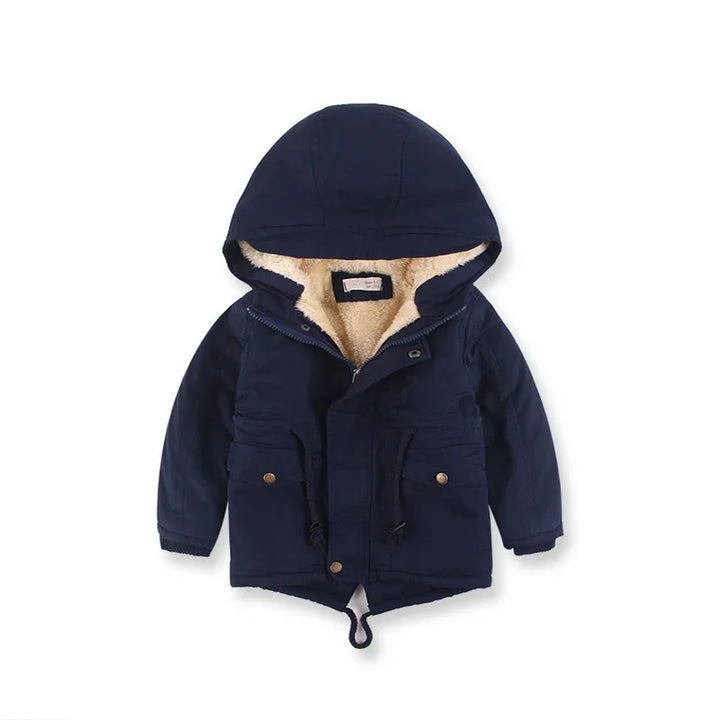 Navy blue kids hooded winter jacket with beige fleece lining and front pockets