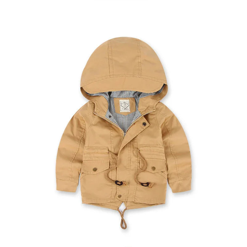 Beige hooded toddler jacket with striped lining, front pockets, and drawstring closures