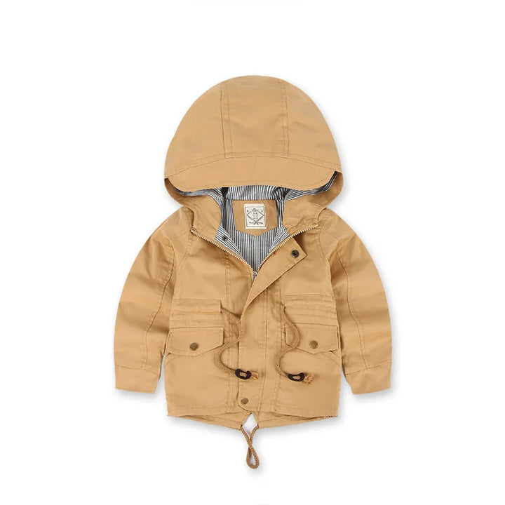 Beige hooded toddler jacket with striped lining, front pockets, and drawstring closures