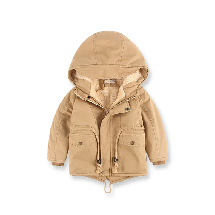 Beige hooded winter jacket with faux fur lining and front pockets for kids