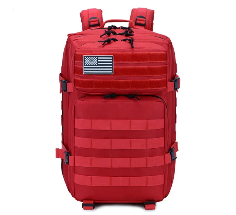 Red tactical military backpack with black and white American flag patch and multiple straps