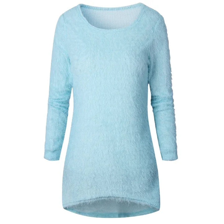 Light blue fuzzy long-sleeve women's sweater with scoop neckline and soft texture