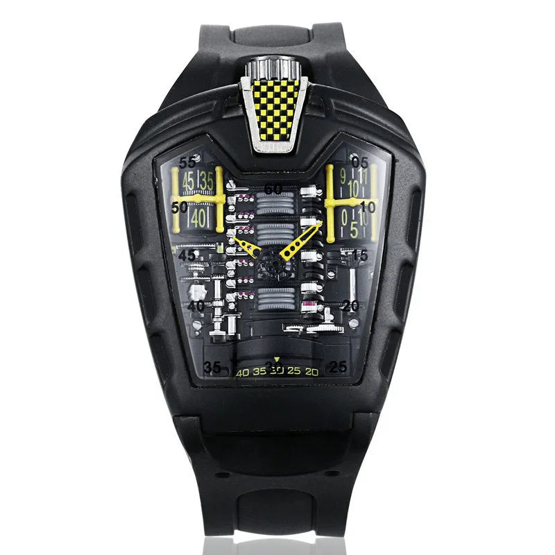 Black futuristic mechanical wristwatch with exposed gears and yellow accents on black rubber strap