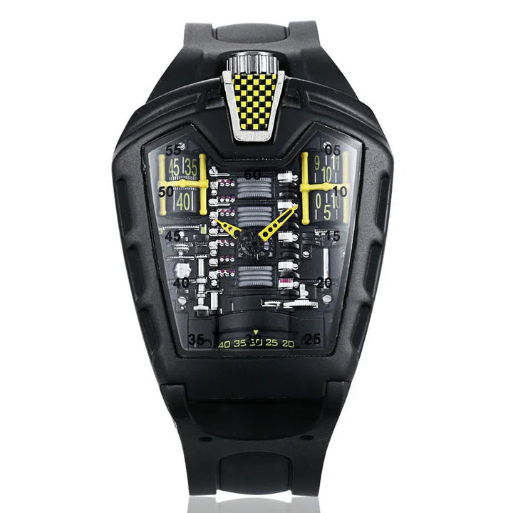 Black futuristic mechanical wristwatch with exposed gears, yellow details, and digital-style numerals