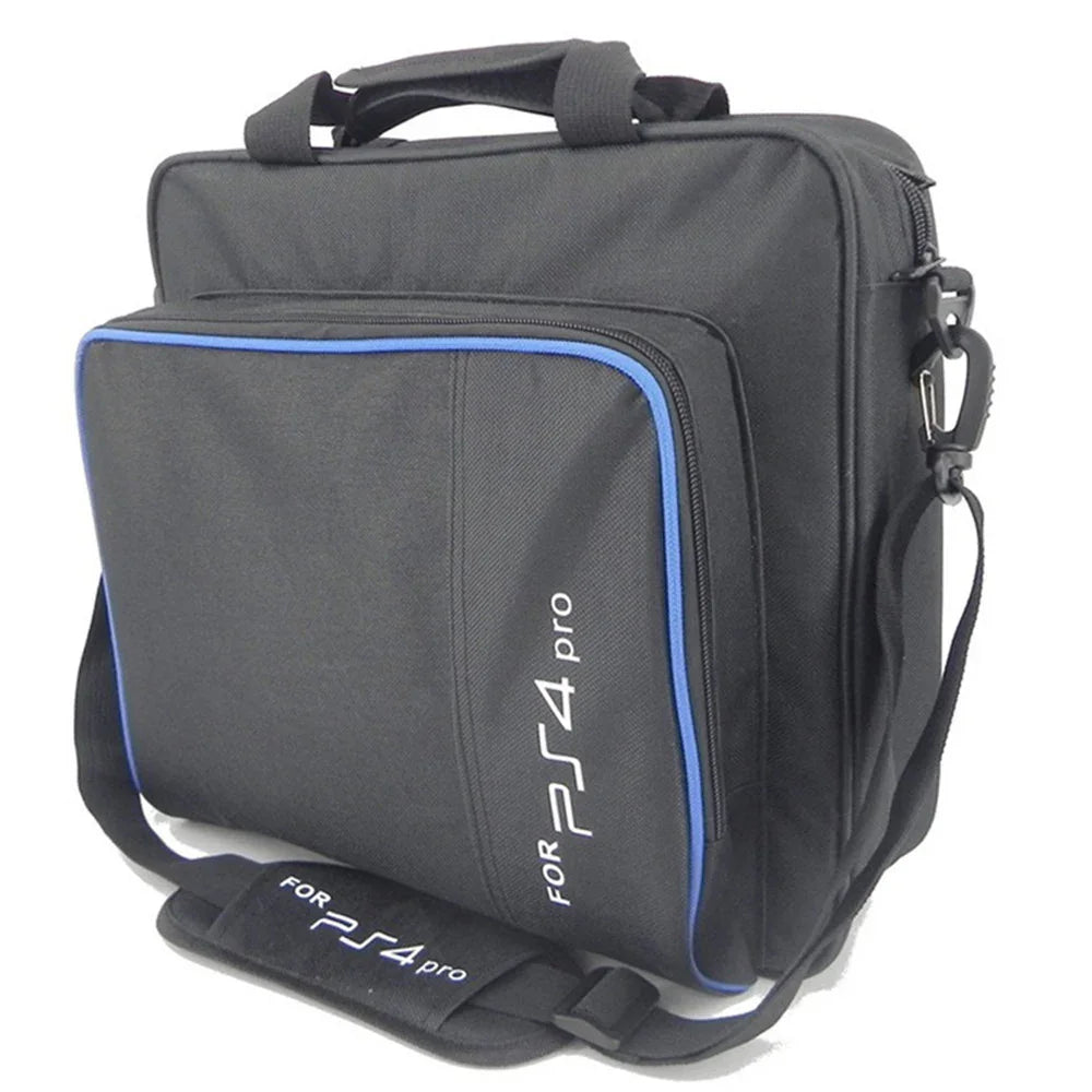 Black PS4 Pro carrying bag with blue trim and shoulder strap for portable gaming console storage