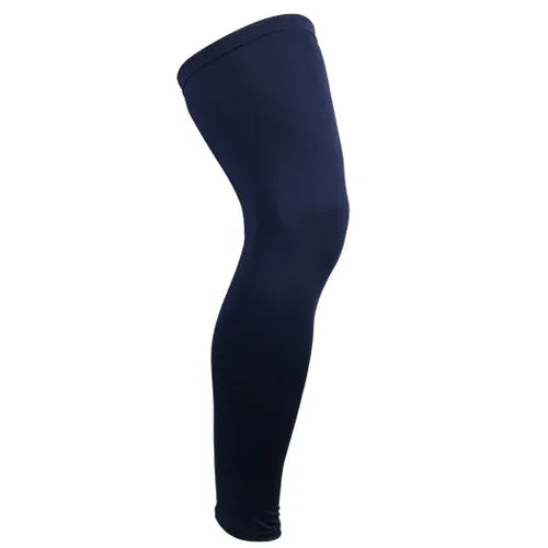 Black compression leg sleeve on white background, athletic knee support