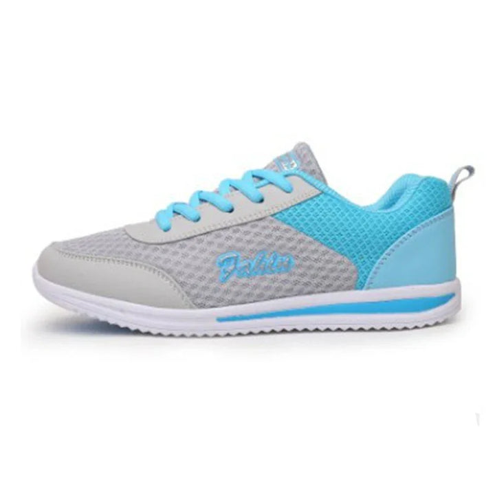 Light gray and blue breathable mesh athletic sneaker with blue laces and white sole