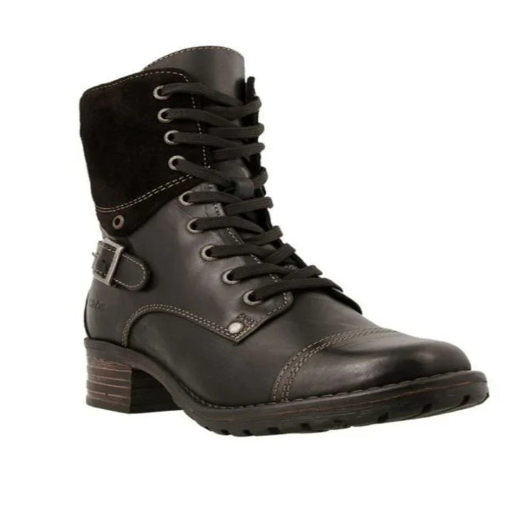 black leather ankle boot with laces, buckle strap, and stacked heel