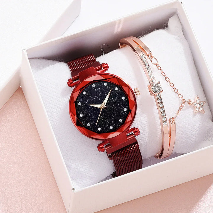 Red mesh strap watch with black glitter dial and rhinestone hour markers, paired with rose gold rhinestone bracelet in gift box