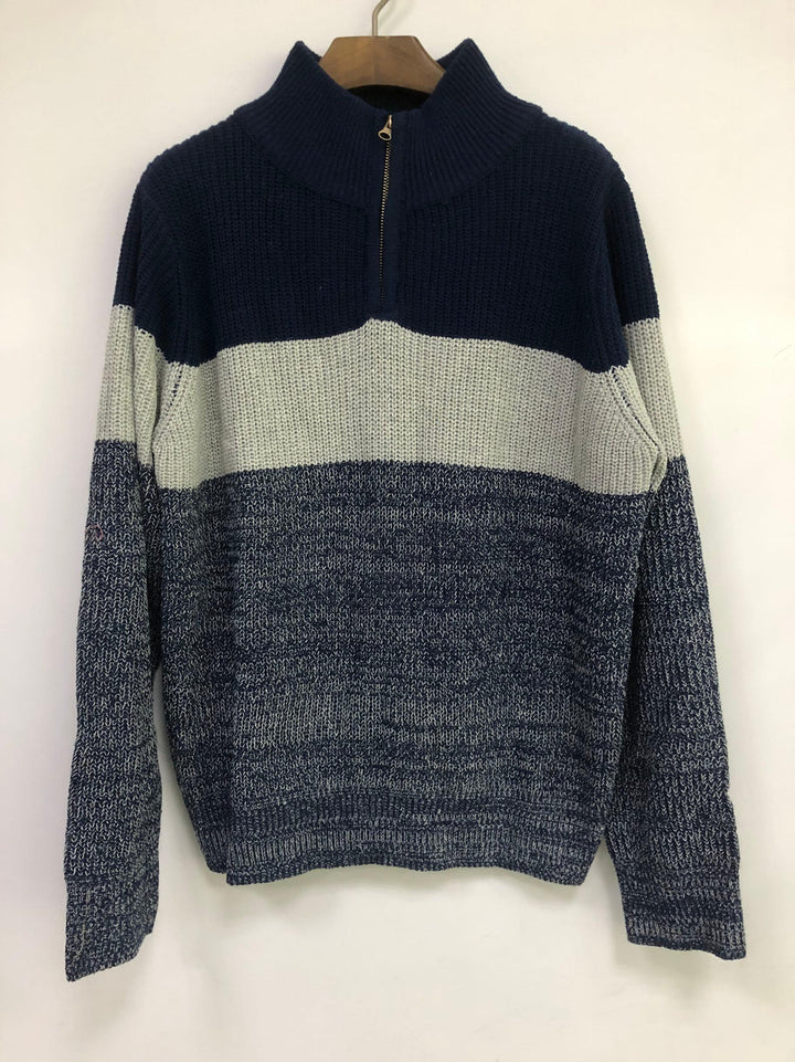 Men's colorblock knit sweater with navy blue, light gray, and marled navy stripes, half-zip collar