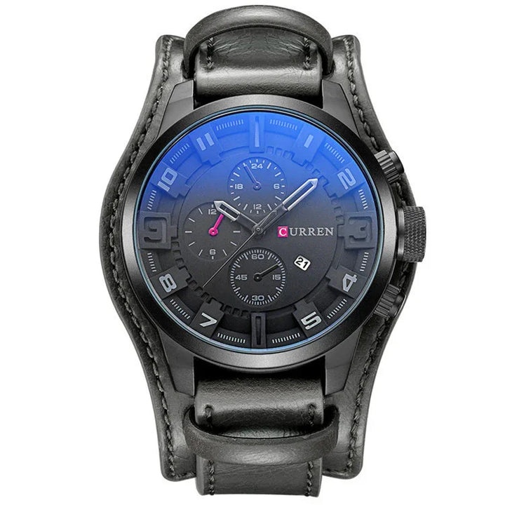 Black Curren wristwatch with large round dial, blue tinted glass, black leather strap, and multiple subdials
