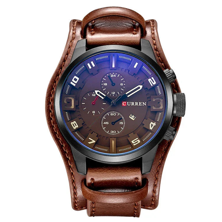 Curren men's wristwatch with black dial, three subdials, and brown leather cuff strap