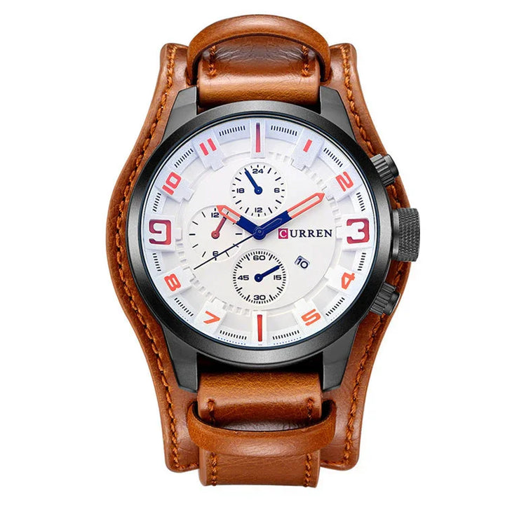 Curren men's wristwatch with white dial, red and blue hands, black case, and brown leather strap