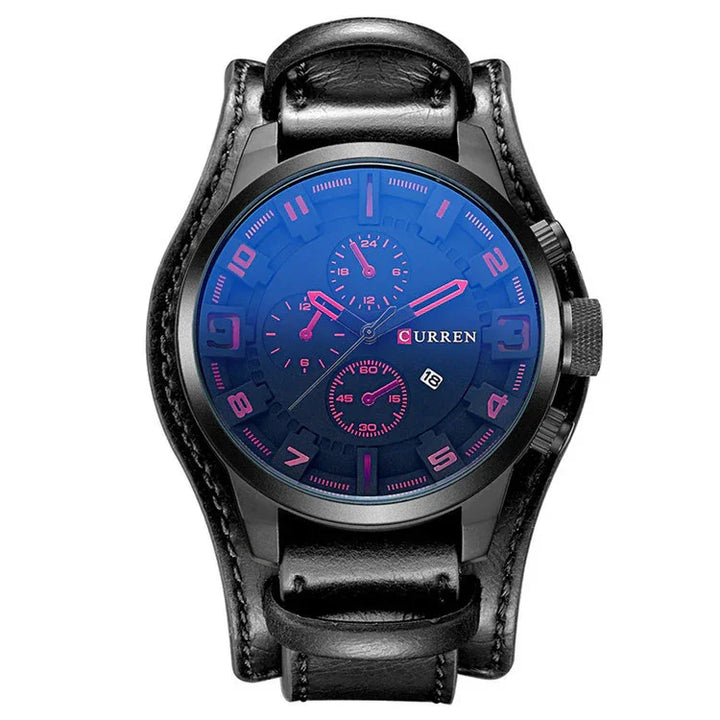 Black Curren men's wristwatch with large blue dial, pink accents, date display, and black leather strap