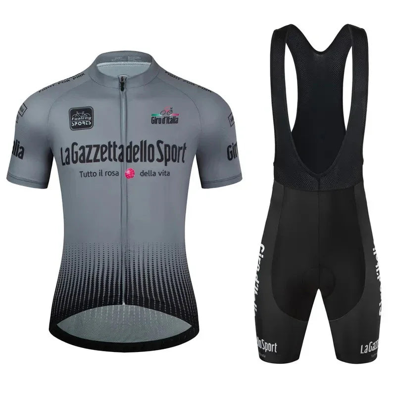 Giro d'Italia cycling jersey and bib shorts set in gray and black with La Gazzetta dello Sport logos