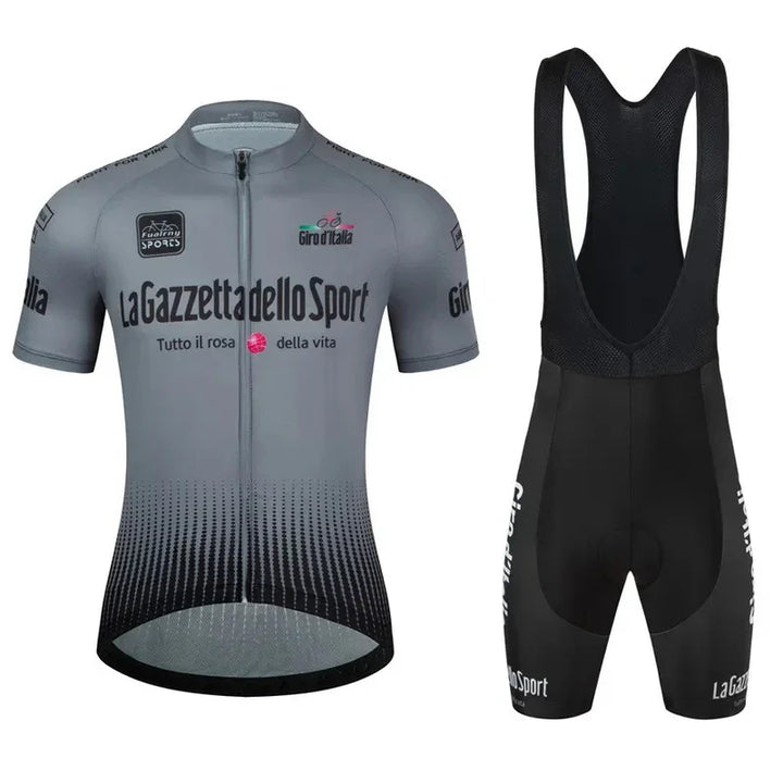 Giro d'Italia cycling jersey and bib shorts set in gray and black with La Gazzetta dello Sport logos