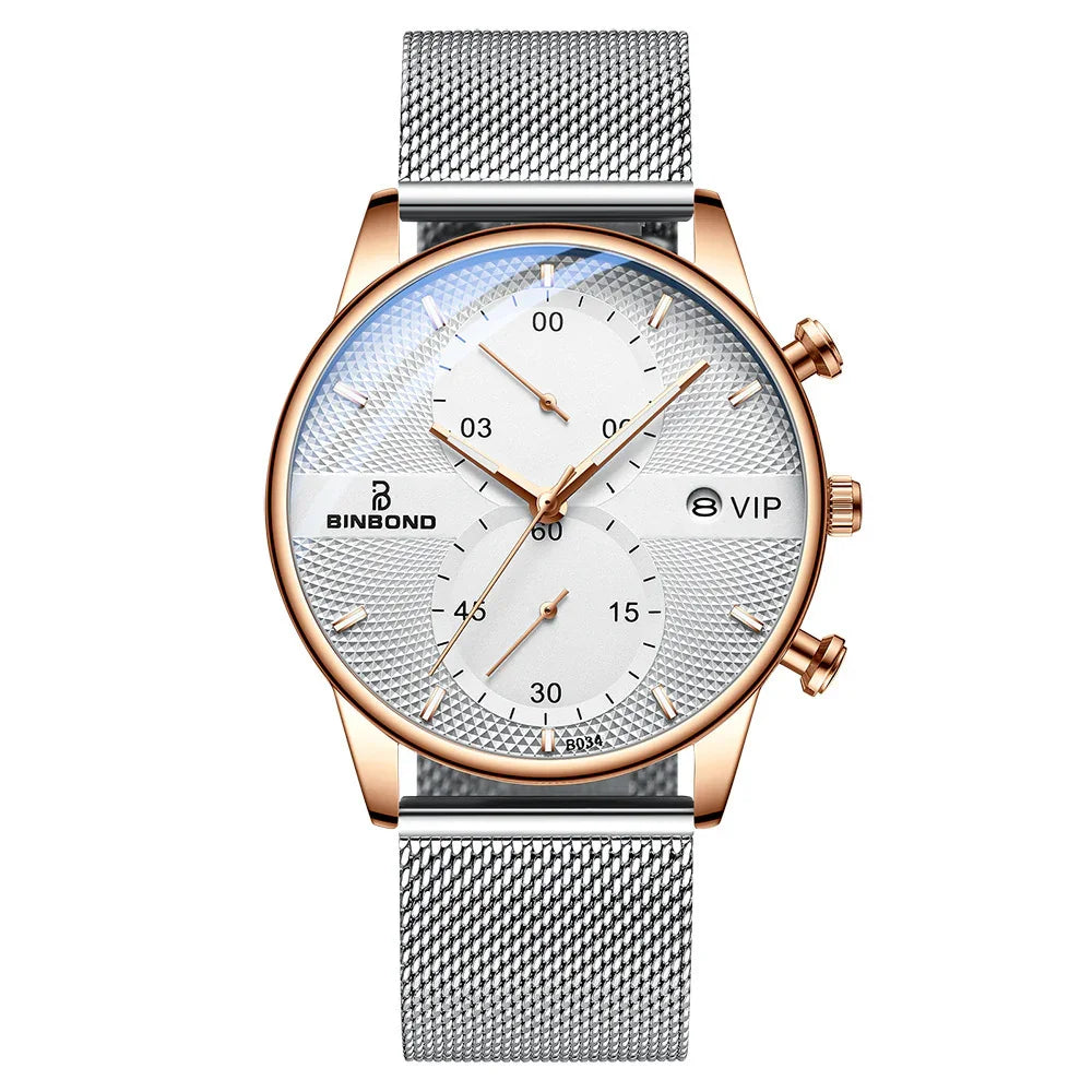 BINBOND VIP men's wristwatch with rose gold case and silver mesh band