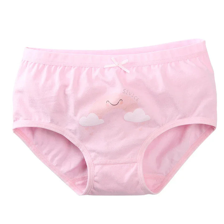 Soft pink girls' cotton underwear with cute smiling face and cloud design