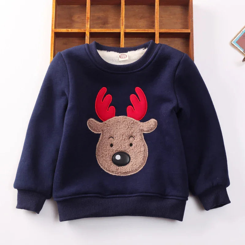 Navy blue kids sweater with a fuzzy reindeer face and bright red antlers, cozy winter wear