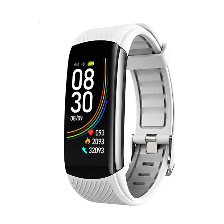 White fitness tracker with digital color screen showing time, date, heart rate, calories, and steps