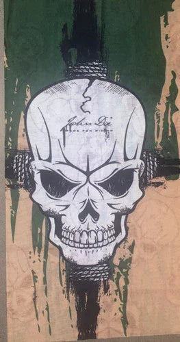 Detailed white skull illustration with text on forehead on green and beige graffiti-style background