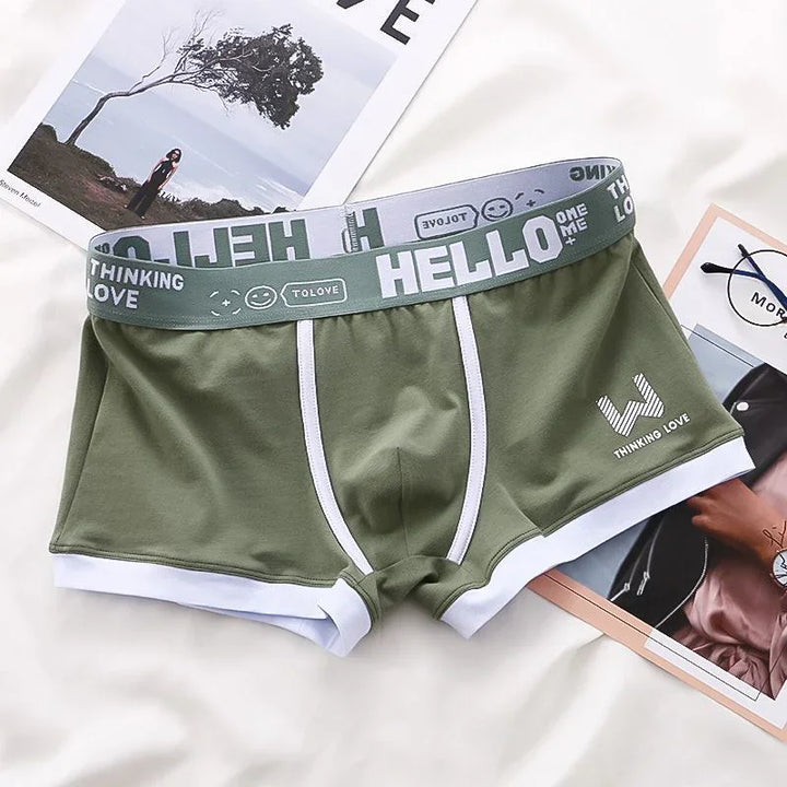 olive green men's boxer briefs with white trim and waistband featuring 'HELLO' and 'THINKING LOVE' text and smiley face icons
