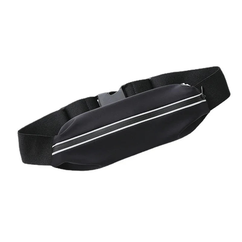 Black running waist pack with reflective zipper on white background