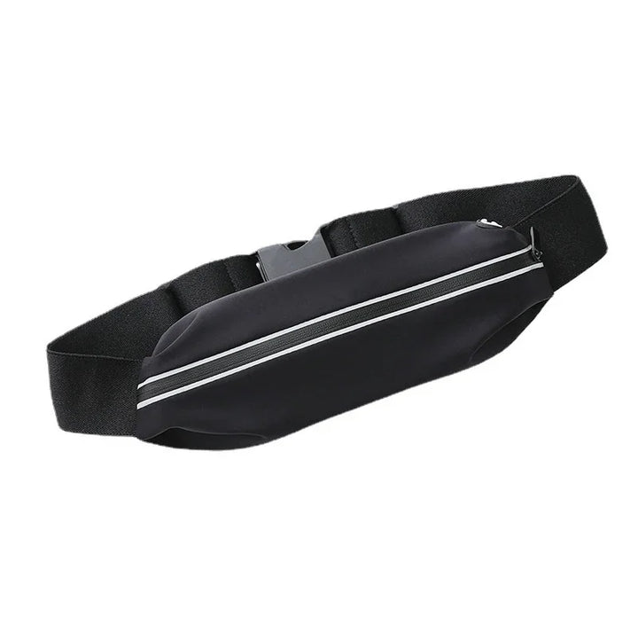 Black running waist pack with reflective zipper on white background