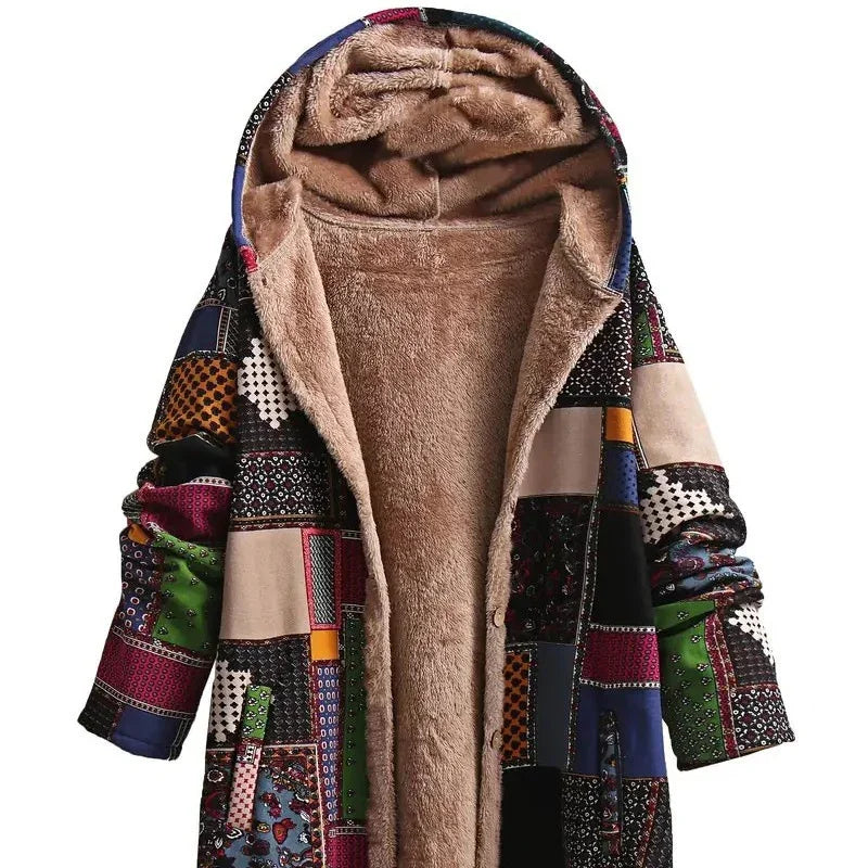 Colorful patchwork winter coat with plush beige fleece lining and hood
