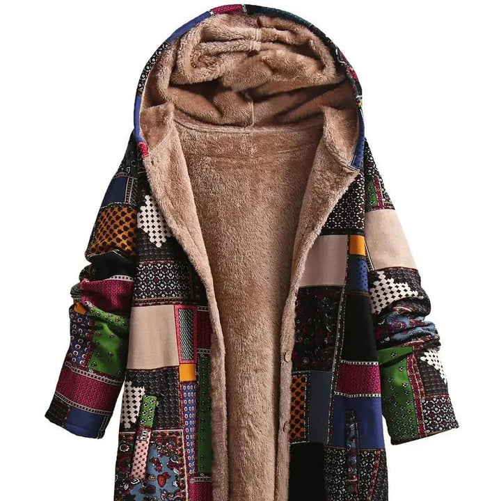 Colorful patchwork winter coat with plush beige fleece lining and hood