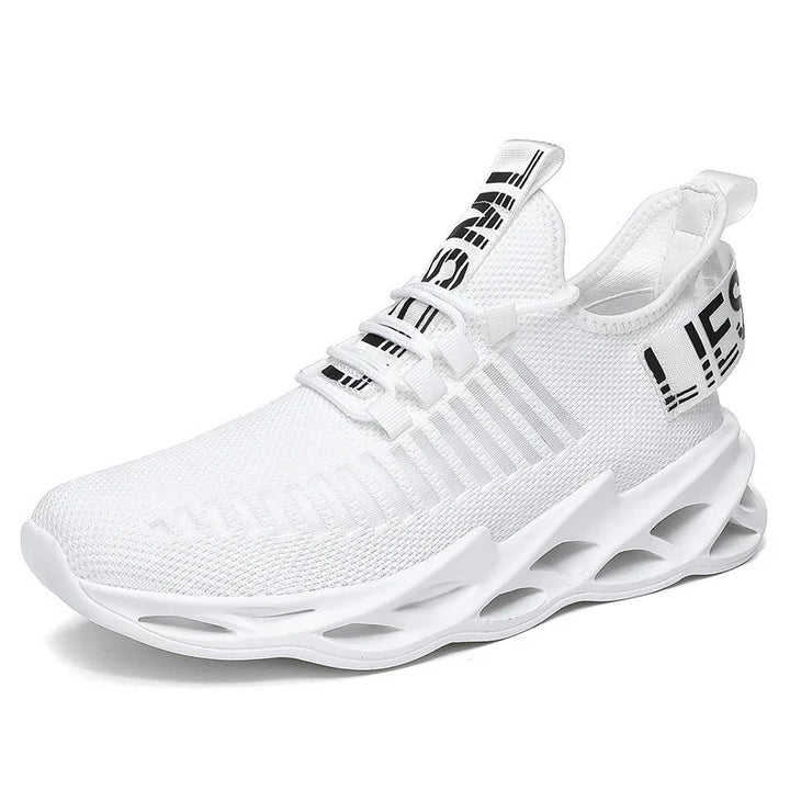 White breathable knit athletic sneaker with unique ventilated sole and black 'LIES' branding