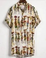 Short-sleeve button-up shirt with colorful abstract African-inspired tribal figures on beige background