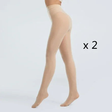 Close-up of beige seamless pantyhose on model legs against white background, pack of two