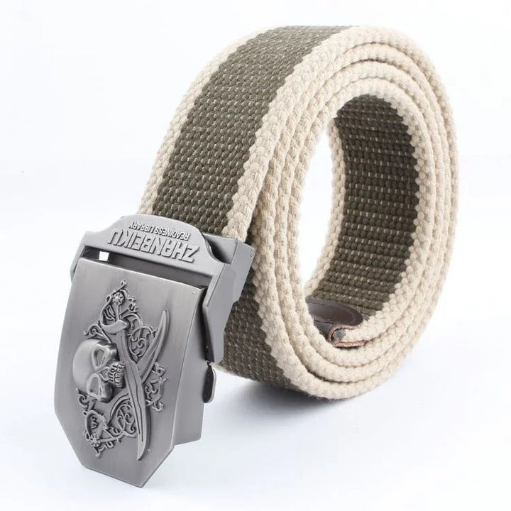 Khaki and beige canvas belt with metal skull and crossbones buckle