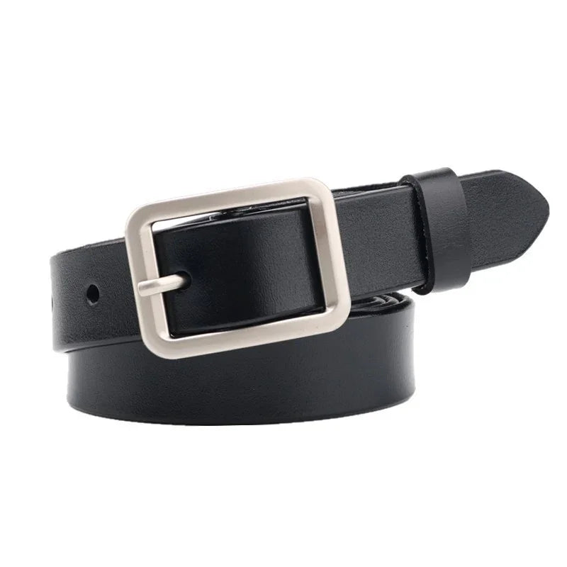 Black leather belt with silver rectangular buckle on white background