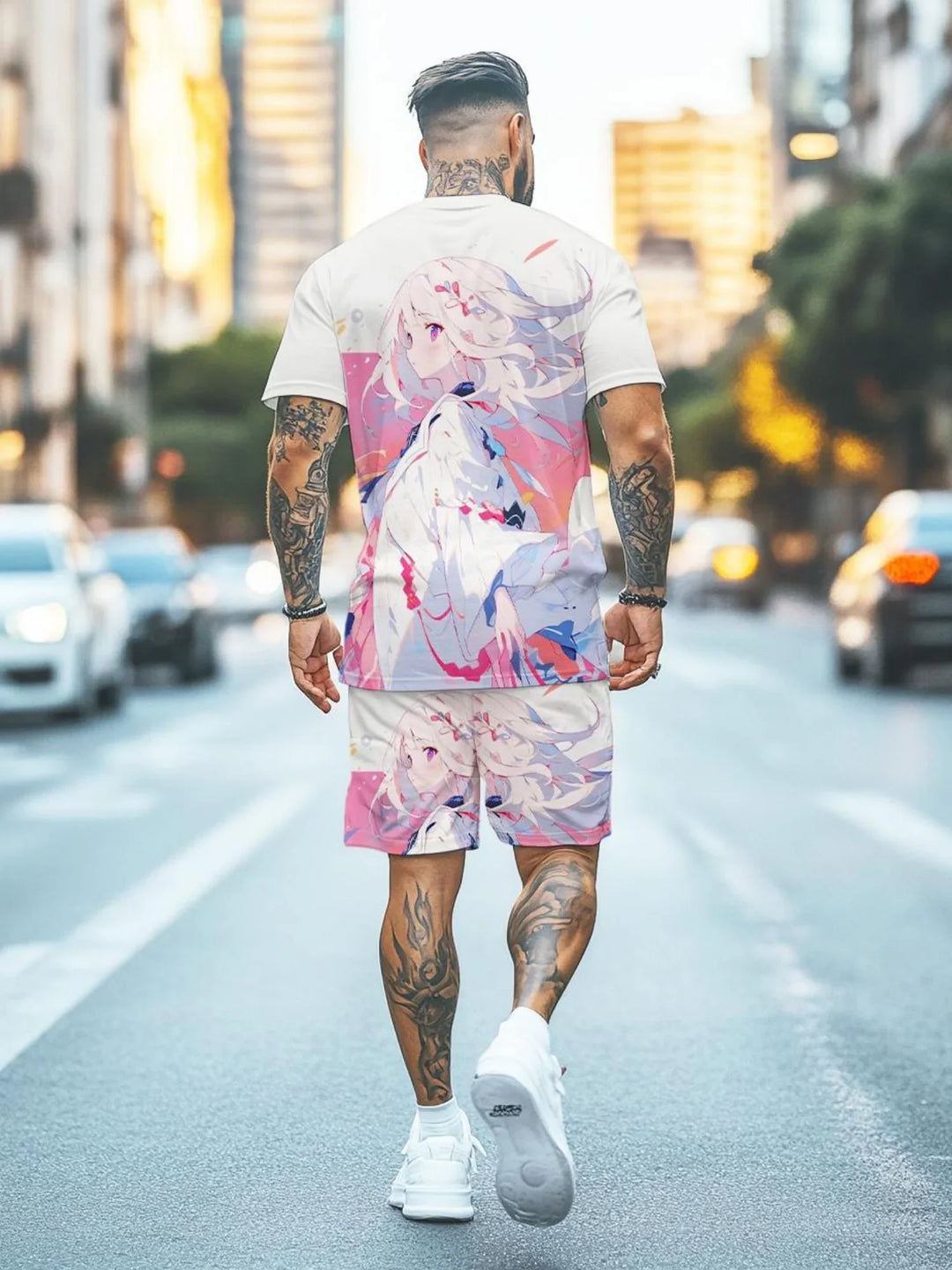 Man walking on city street wearing white anime print t-shirt and matching shorts, tattoos visible