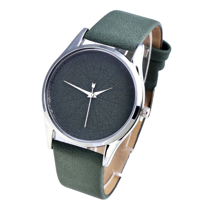 Minimalist wristwatch with green textured strap and dark textured dial, silver case and hands