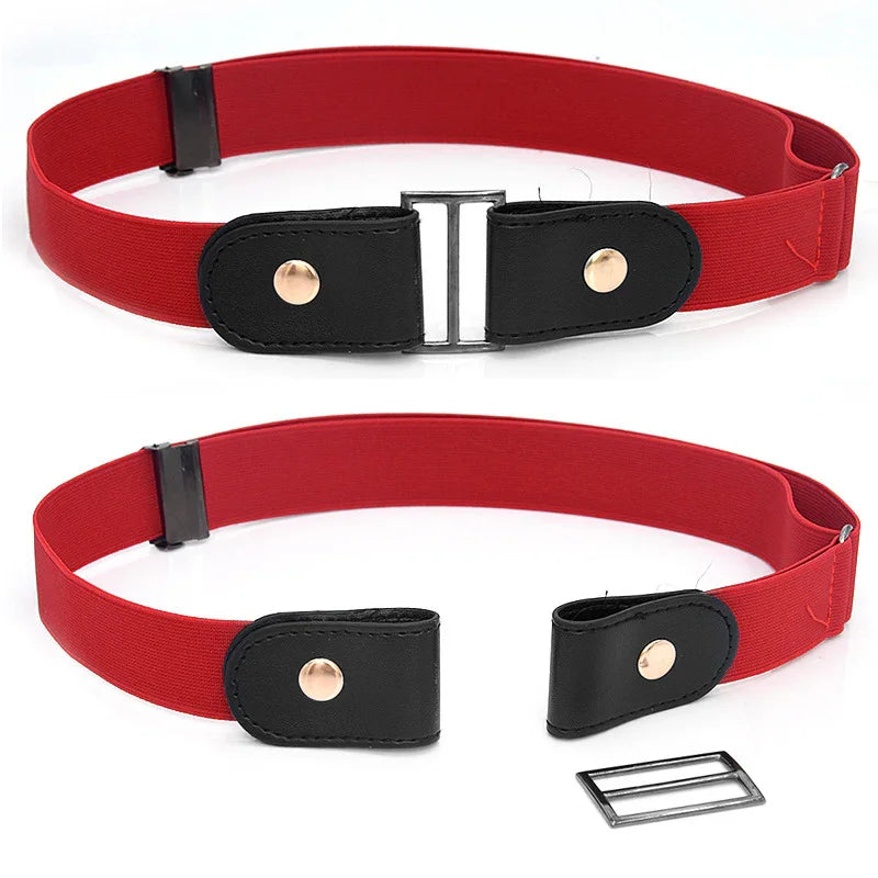 Adjustable red elastic waist belt with black leather ends and metal buckle for women and men